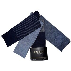 Gold Toe Socks Mens Size 6 -12.5 Blue Tones 4 Pair Casual Flat Knit Crew New